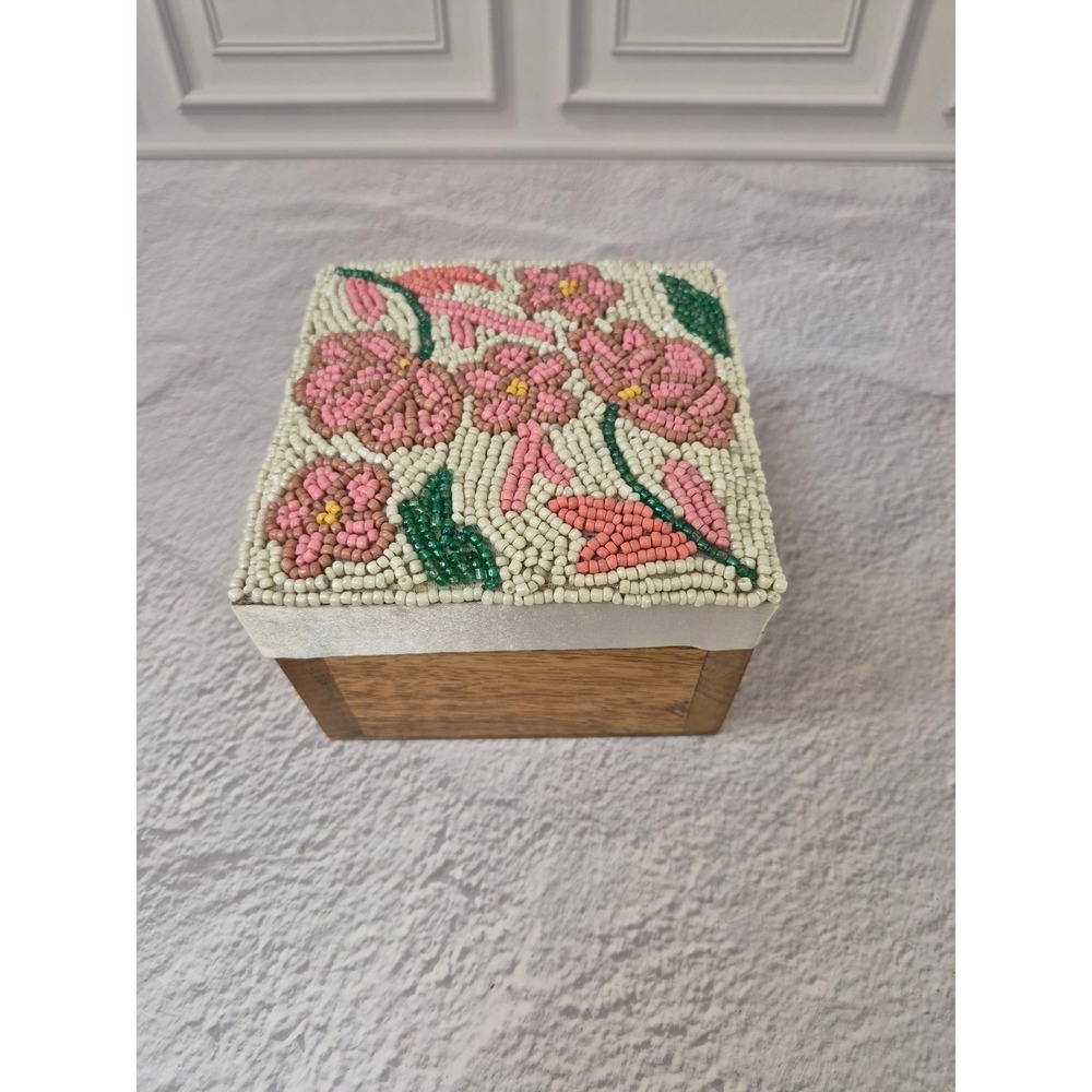 Wooden Trinket Box Beaded Pink Floral Lid Hinged Jewelry Case Storage Box